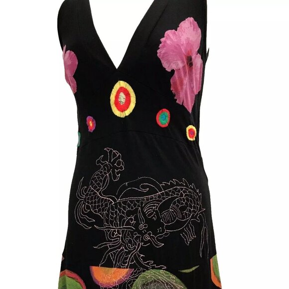 SOLD! DESIGUAL Swing Dress V-neck Floral Rio Flowers Dragons Print Embroidery M - Picture 10 of 13